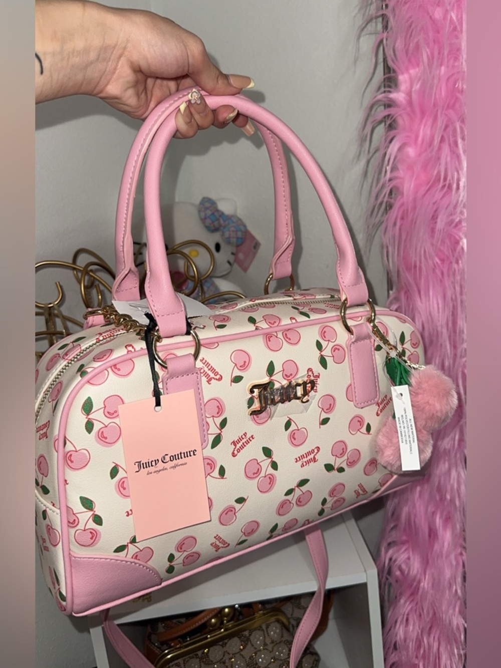 New viral Juicy Couture Pink Cherry Print Satchel Bag with cherry charm